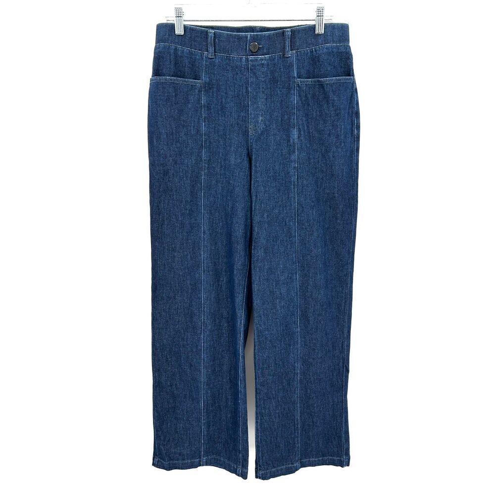 BETABRAND Women's Wide Leg Pull On Stretch Waist Denim Blue Jeans Size Large